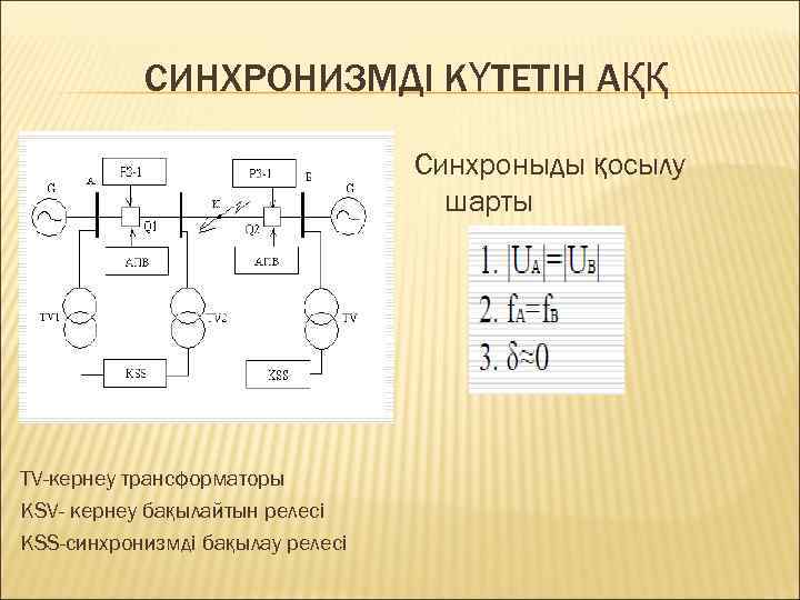 СИНХРОНИЗМДІ КҮТЕТІН АҚҚ Синхроныды қосылу шарты ТV-кернеу трансформаторы KSV- кернеу бақылайтын релесі KSS-cинхронизмді бақылау