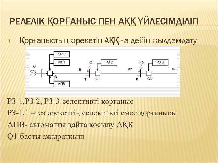 РЕЛЕЛІК ҚОРҒАНЫС ПЕН АҚҚ ҮЙЛЕСІМДІЛІГІ 1. Қорғаныстың әрекетін АҚҚ-ға дейін жылдамдату РЗ-1, РЗ-2, РЗ-3