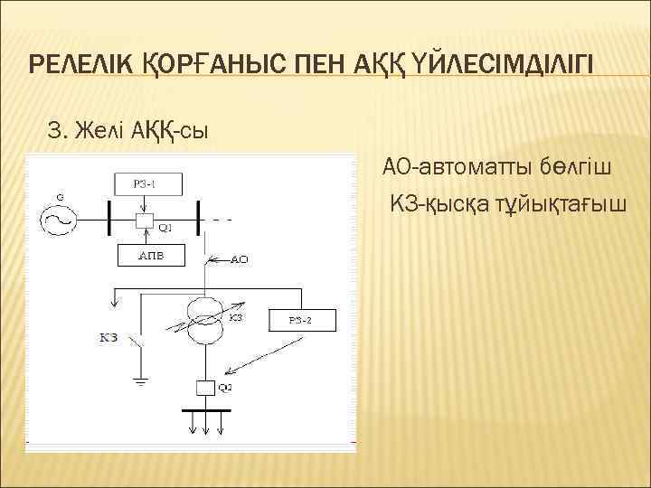 РЕЛЕЛІК ҚОРҒАНЫС ПЕН АҚҚ ҮЙЛЕСІМДІЛІГІ 3. Желі АҚҚ-сы АО-автоматты бөлгіш КЗ-қысқа тұйықтағыш 