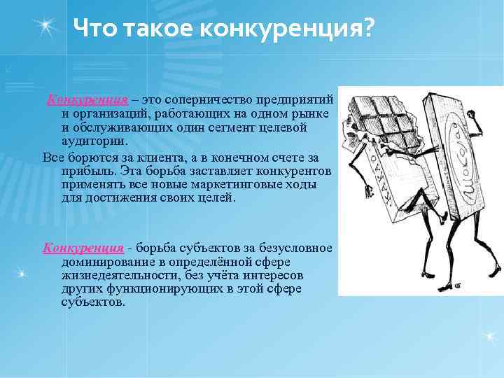 Что такое конкуренция? Конкуренция – это соперничество предприятий и организаций, работающих на одном рынке