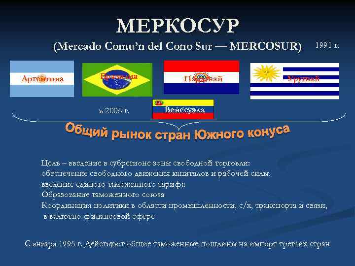 МЕРКОСУР (Mercado Comu’n del Cono Sur — MERCOSUR) Аргентина Бразилия в 2005 г. Парагвай