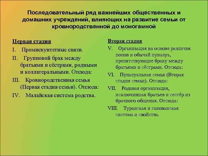 Последовательный ряд важнейших общественных и домашних учреждений, влияющих на развитие семьи от кровнородственной до