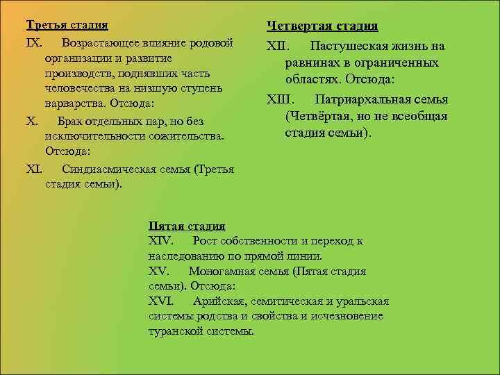 Третья стадия IX. Возрастающее влияние родовой организации и развитие производств, поднявших часть человечества на