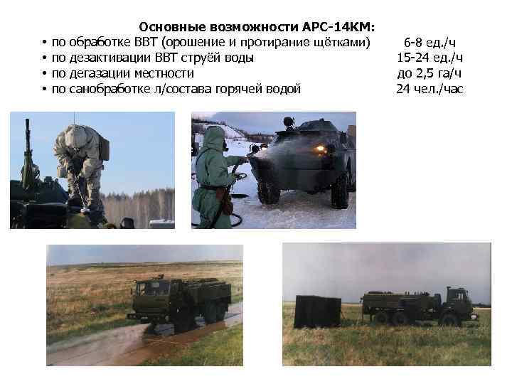  • • по по Основные возможности АРС-14 КМ: обработке ВВТ (орошение и протирание