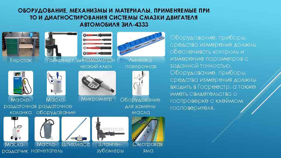 ОБОРУДОВАНИЕ, МЕХАНИЗМЫ И МАТЕРИАЛЫ, ПРИМЕНЯЕМЫЕ ПРИ ТО И ДИАГНОСТИРОВАНИЯ СИСТЕМЫ СМАЗКИ ДВИГАТЕЛЯ АВТОМОБИЛЯ ЗИЛ-4333