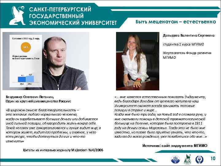 Быть меценатом – естественно Давыдова Валентина Сергеевна студентка 2 курса МГИМО Жертвователь Фонда развития