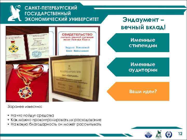 Эндаумент – вечный вклад! Именные стипендии Именные аудитории Ваши идеи? Заранее известно: • На