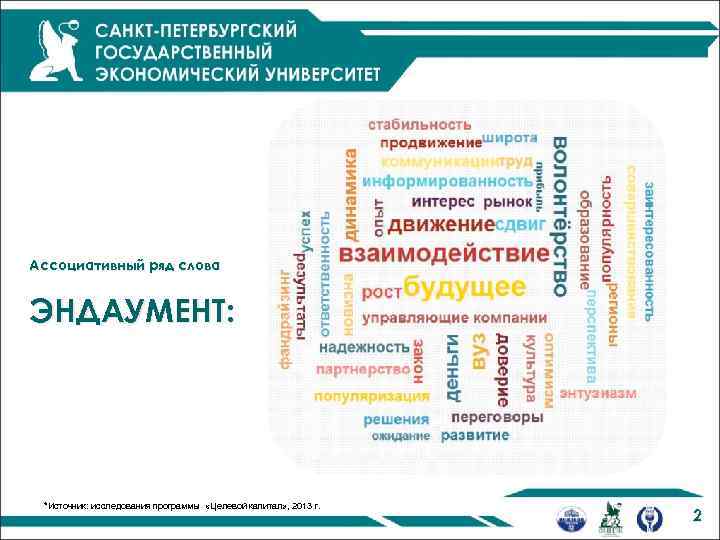 Ассоциативный ряд слова ЭНДАУМЕНТ: *Источник: исследования программы «Целевой капитал» , 2013 г. 2 