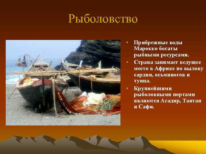 Рыболовство • Прибрежные воды Марокко богаты рыбными ресурсами. • Страна занимает ведущее место в