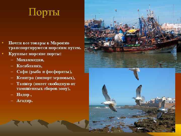 Порты • • Почти все товары в Марокко транспортируются морским путем. Крупные морские порты: