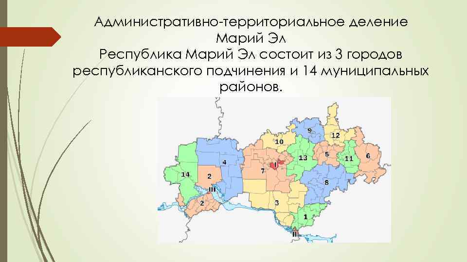 Административно-территориальное деление Марий Эл Республика Марий Эл состоит из 3 городов республиканского подчинения и