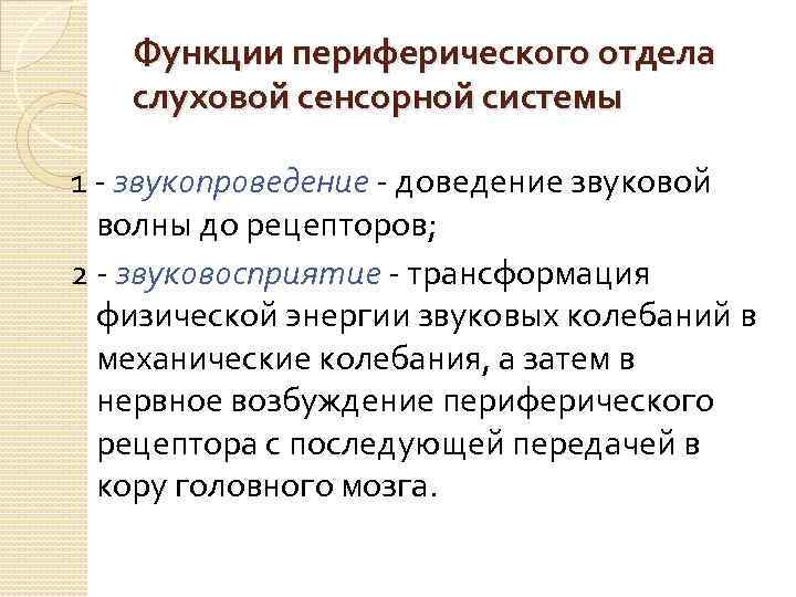 Функции слуха. Функция периферического отдела сенсорной системы:. Функции слуховой сенсорной системы. Периферический отдел слуховой сенсорной системы. Отделы слуховой сенсорной системы функции.