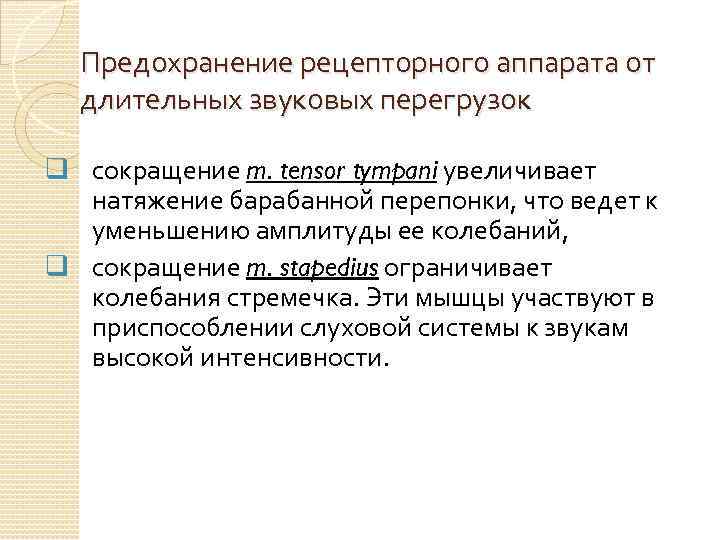Предохранение рецепторного аппарата от длительных звуковых перегрузок q сокращение m. tensor tympani увеличивает натяжение