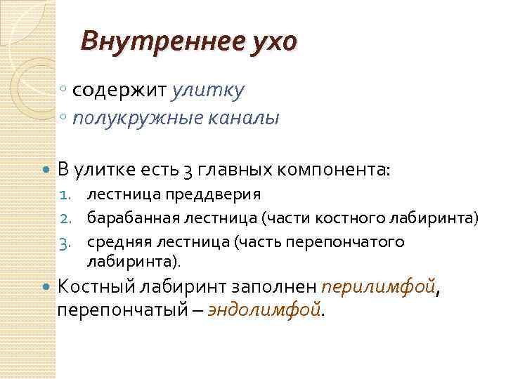 Внутреннее ухо ◦ содержит улитку ◦ полукружные каналы В улитке есть 3 главных компонента: