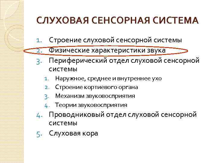 СЛУХОВАЯ СЕНСОРНАЯ СИСТЕМА 1. Строение слуховой сенсорной системы 2. Физические характеристики звука 3. Периферический