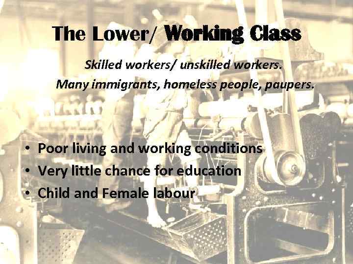 The Lower/ Working Class Skilled workers/ unskilled workers. Many immigrants, homeless people, paupers. •