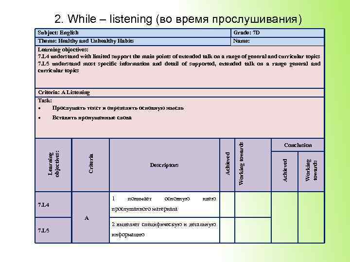 2. While – listening (во время прослушивания) Subject: English Grade: 7 D Theme: Healthy