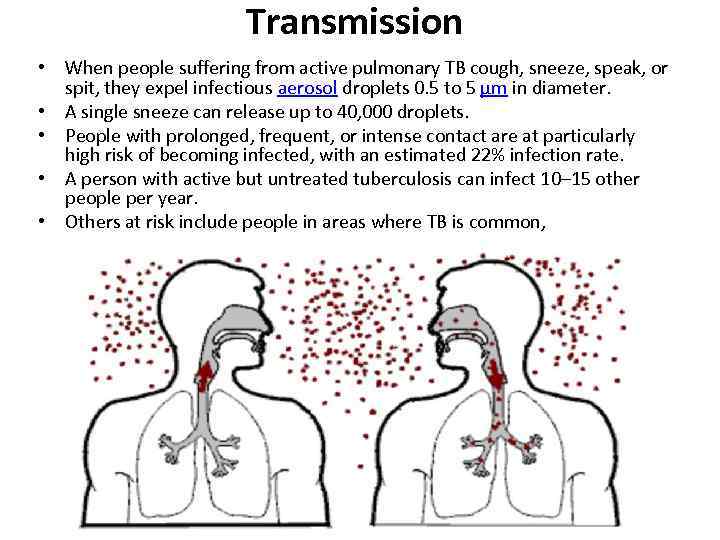 Transmission • When people suffering from active pulmonary TB cough, sneeze, speak, or spit,