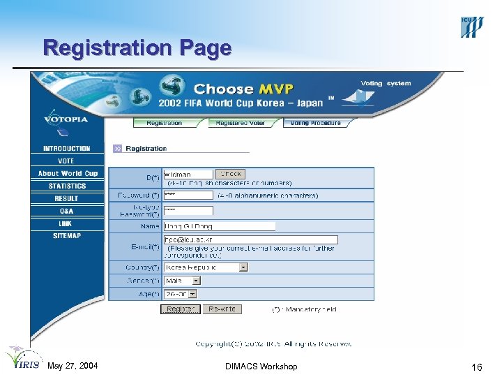 Registration Page May 27, 2004 DIMACS Workshop 16 