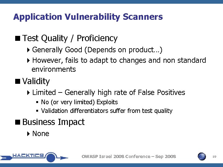 Application Vulnerability Scanners <Test Quality / Proficiency 4 Generally Good (Depends on product…) 4