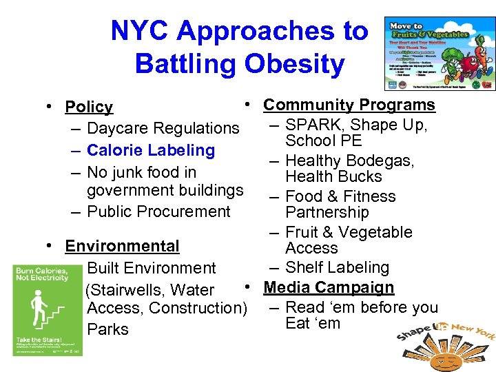 NYC Approaches to Battling Obesity • Community Programs • Policy – SPARK, Shape Up,