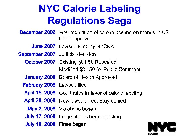 NYC Calorie Labeling Regulations Saga December 2006 First regulation of calorie posting on menus