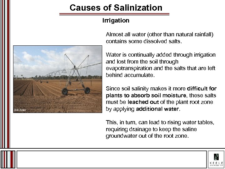 Causes of Salinization Irrigation Almost all water (other than natural rainfall) contains some dissolved