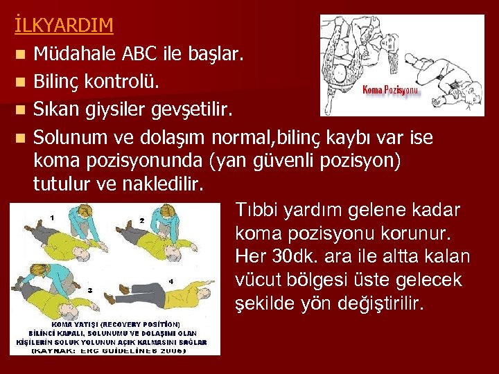 İLKYARDIM n Müdahale ABC ile başlar. n Bilinç kontrolü. n Sıkan giysiler gevşetilir. n