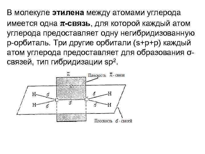 В молекуле этилена между атомами углерода имеется одна π-связь, для которой каждый атом углерода