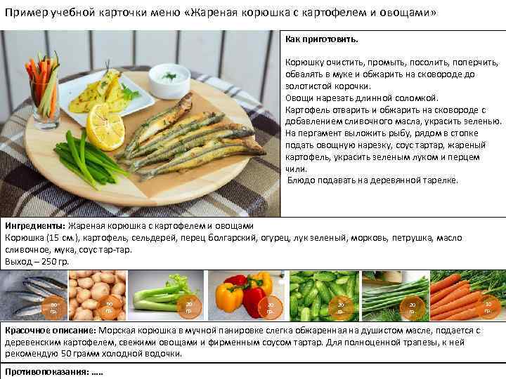 Пример учебной карточки меню «Жареная корюшка с картофелем и овощами» Как приготовить. Корюшку очистить,