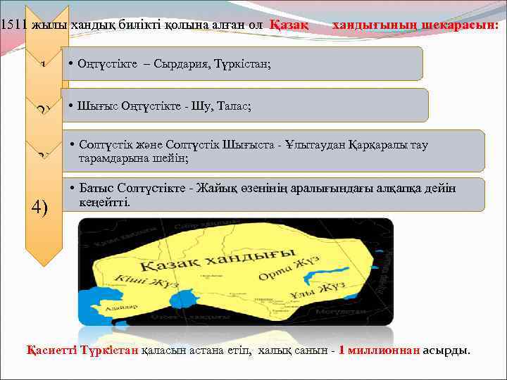1511 жылы хандық билікті қолына алған ол Қазақ 1) • Оңтүстікте – Сырдария, Түркістан;