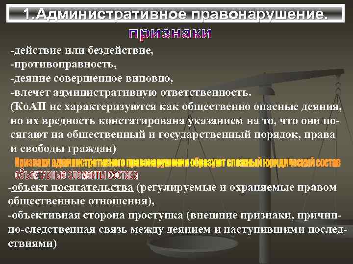 1. Административное правонарушение. -действие или бездействие, -противоправность, -деяние совершенное виновно, -влечет административную ответственность. (Ко.