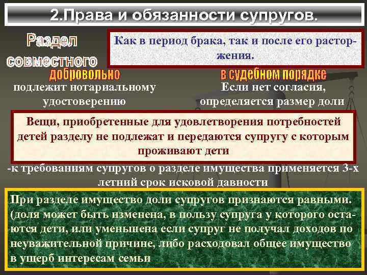 2. Права и обязанности супругов. Как в период брака, так и после его расторжения.