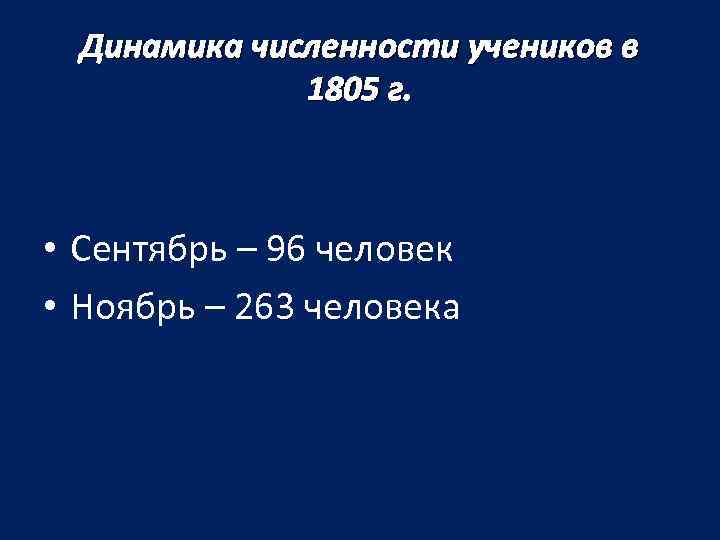 Динамика численности учеников в 1805 г. • Сентябрь – 96 человек • Ноябрь –