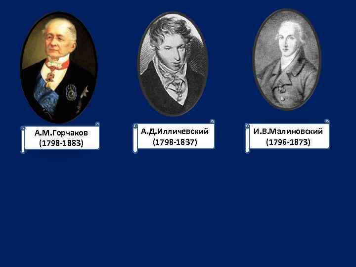 А. М. Горчаков (1798 -1883) А. Д. Илличевский (1798 -1837) И. В. Малиновский (1796