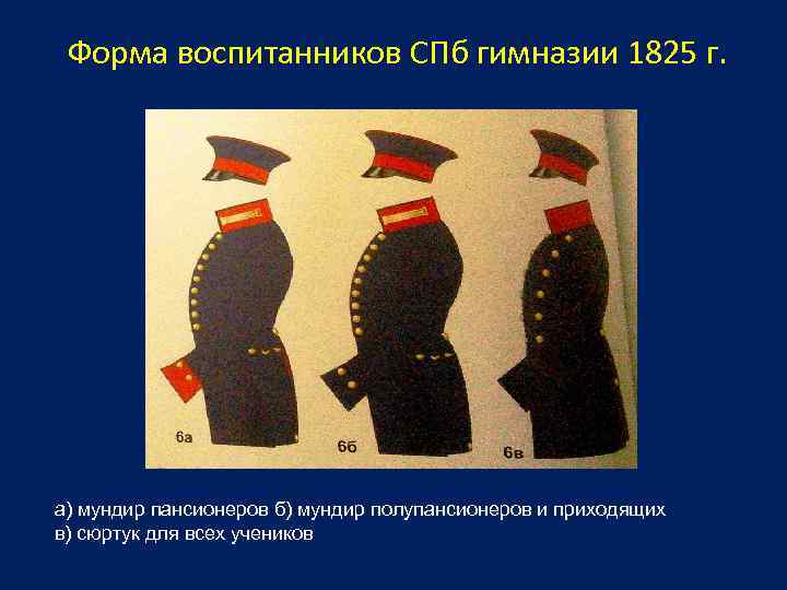 Форма воспитанников СПб гимназии 1825 г. а) мундир пансионеров б) мундир полупансионеров и приходящих