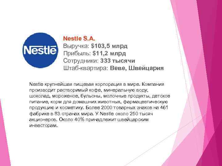 Nestle S. A. Выручка: $103, 5 млрд Прибыль: $11, 2 млрд Сотрудники: 333 тысячи