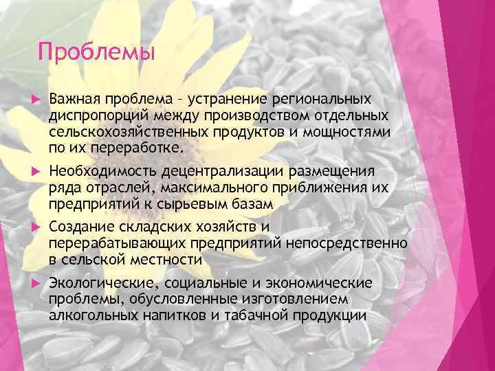 Проблемы Важная проблема – устранение региональных диспропорций между производством отдельных сельскохозяйственных продуктов и мощностями