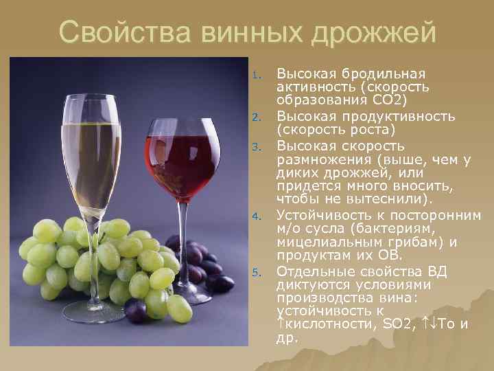 Свойства винных дрожжей 1. 2. 3. 4. 5. Высокая бродильная активность (скорость образования СО