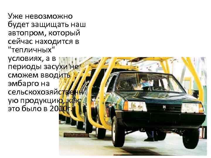 Уже невозможно будет защищать наш автопром, который сейчас находится в "тепличных" условиях, а в