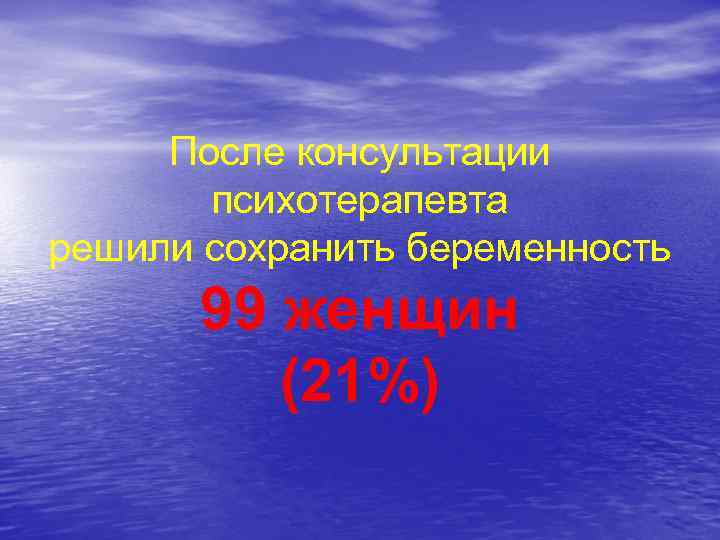 После консультации психотерапевта решили сохранить беременность 99 женщин (21%) 