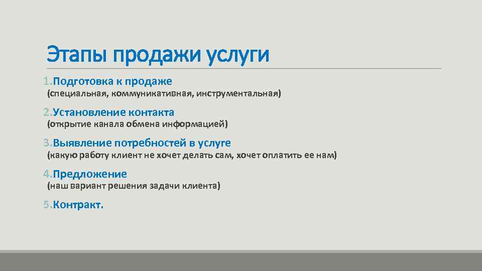 Этапы продажи услуги 1. Подготовка к продаже (специальная, коммуникативная, инструментальная) 2. Установление контакта (открытие