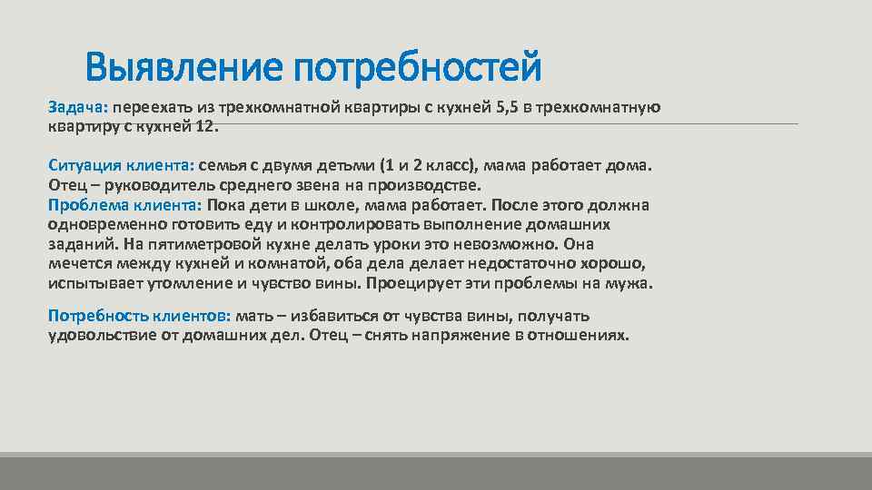 Выявление потребностей Задача: переехать из трехкомнатной квартиры с кухней 5, 5 в трехкомнатную квартиру