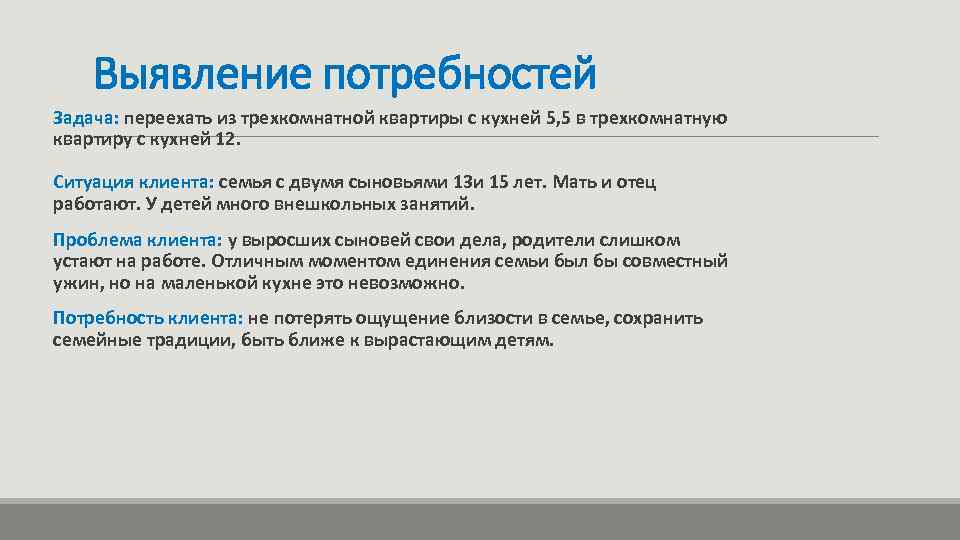 Выявление потребностей Задача: переехать из трехкомнатной квартиры с кухней 5, 5 в трехкомнатную квартиру