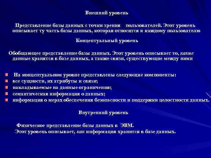 Внешний уровень Представление базы данных с точки зрения пользователей. Этот уровень описывает ту часть