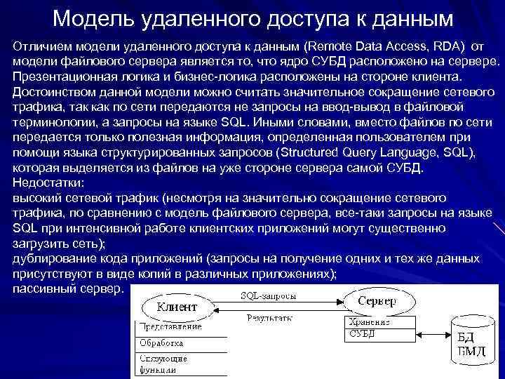 Модель удаленного доступа к данным Отличием модели удаленного доступа к данным (Remote Data Access,