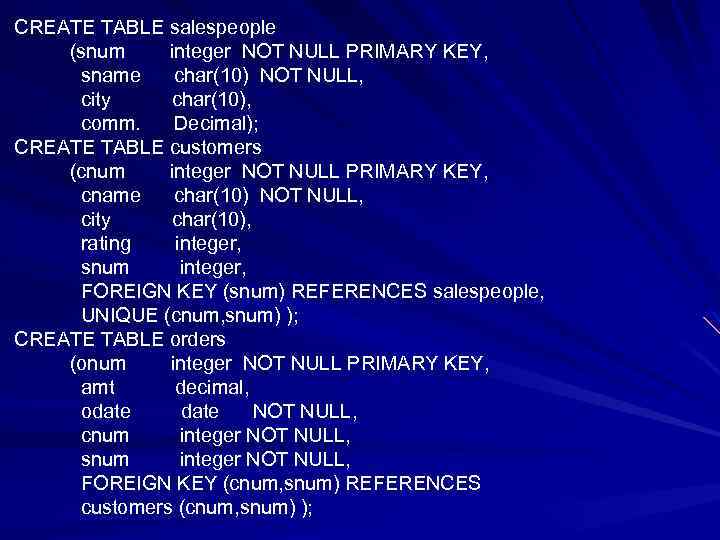 CREATE TABLE salespeople (snum integer NOT NULL PRIMARY KEY, sname char(10) NOT NULL, city