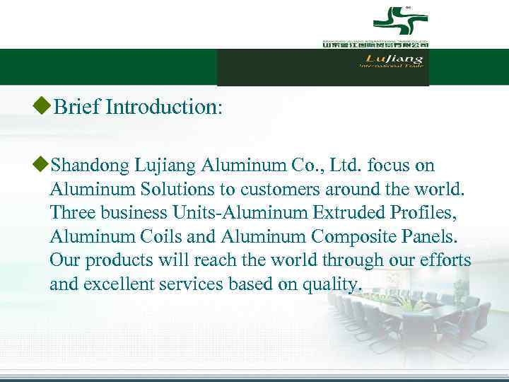 u. Brief Introduction: u. Shandong Lujiang Aluminum Co. , Ltd. focus on Aluminum Solutions