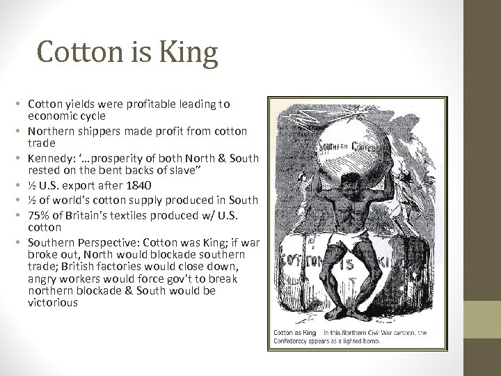 Cotton is King • Cotton yields were profitable leading to economic cycle • Northern
