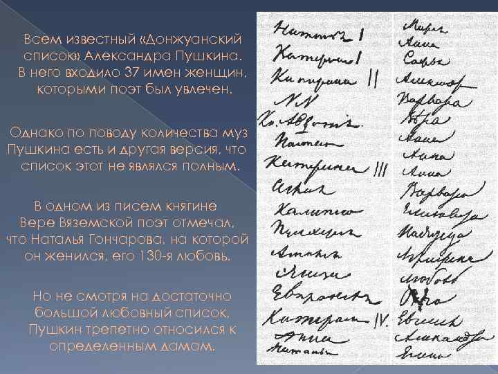 Всем известный «Донжуанский список» Александра Пушкина. В него входило 37 имен женщин, которыми поэт